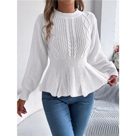 Cable Knit Round Neck Peplum Sweater - Picture 6 of 16